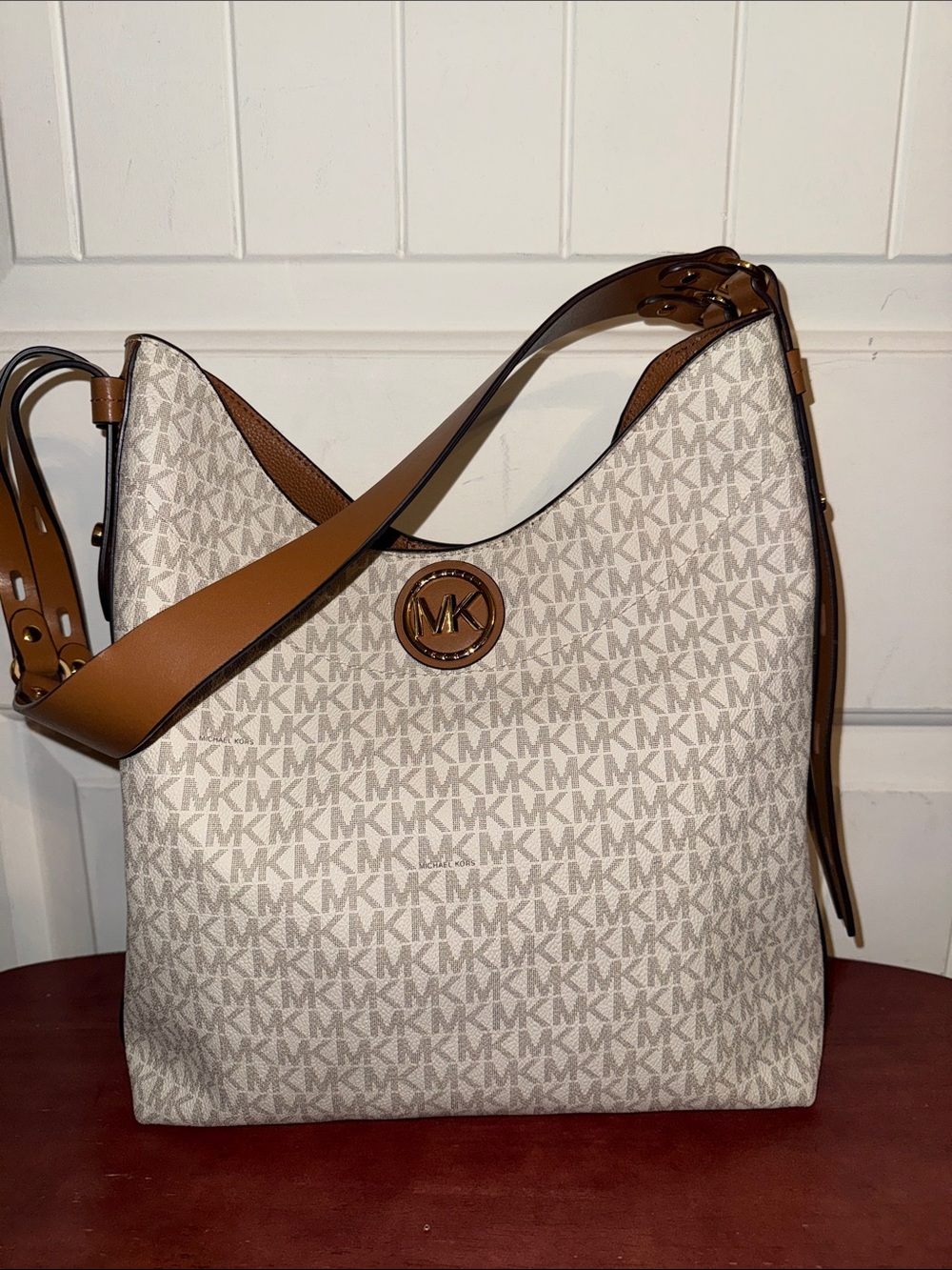 Michael Kors Signature MK Logo Canvas Shoulder Bag in Beige and Tan